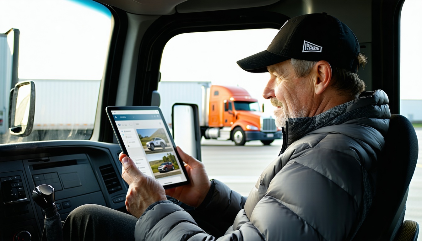 A long-haul trucker using a mobile app on a tablet